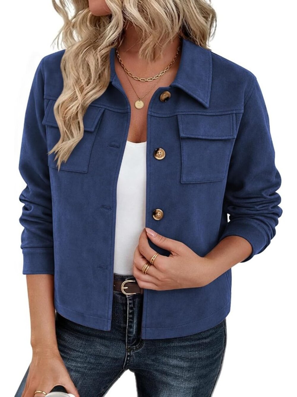 Women Navy Long Sleeve Faux Suede Cropped Shacket Button Down Fall Jacket